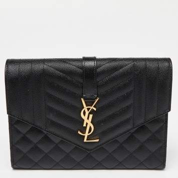 Pre Owned Saint Laurent Black Mix Quilt Leather Monogram Wristlet Pouch
