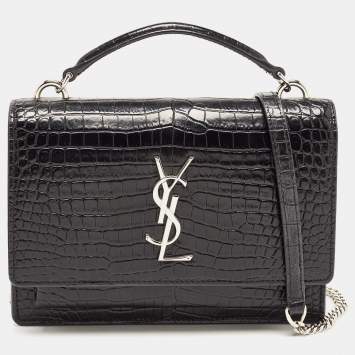Pre Owned Saint Laurent Black Croc Embossed Leather Sunset Chain Wallet Bag