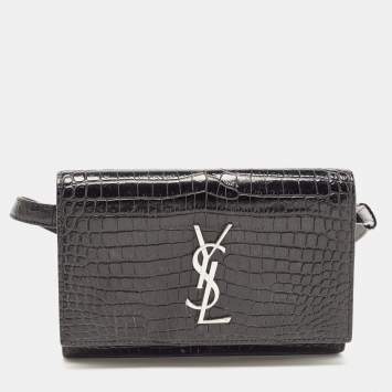 Pre Owned Saint Laurent Black Croc Embossed Leather Kate Belt Bag