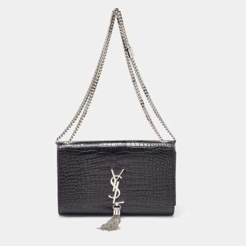 Saint Laurent Black Croc Embossed Leather Medium Kate Tassel Shoulder Bag