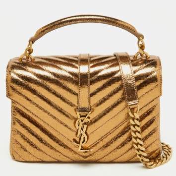 Pre Owned Saint Laurent Gold Matelassé Leather Medium College Top Handle Bag