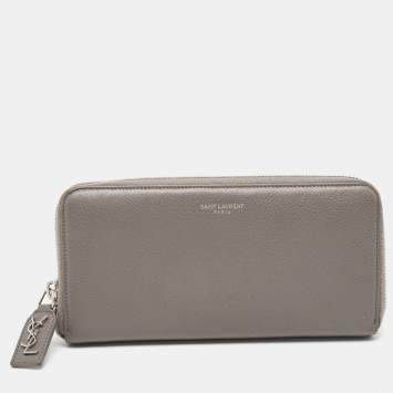 Pre Owned Saint Laurent Grey Leather Zip Around Continental Wallet