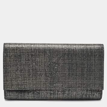 Pre Owned Saint Laurent Silver/Black Shimmering Canvas Belle De Jour Clutch