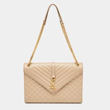 Pre Owned Saint Laurent Beige Mixed Quilted Leather Large Monogram Envelope Shoulder Bag