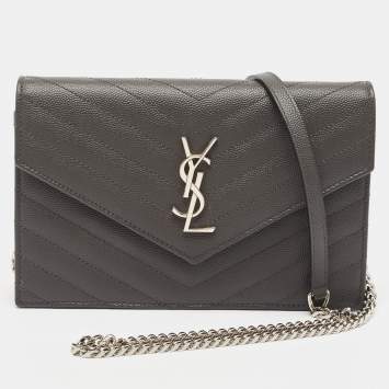 Pre Owned Saint Laurent Grey Matelassé Leather Monogram Envelope Wallet on Chain