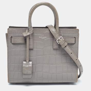 Pre Owned Saint Laurent Grey Croc Embossed Leather Nano Classic Sac De Jour Tote