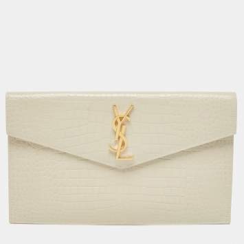 Pre Owned Saint Laurent Ivory Croc Embossed Leather Medium Uptown Pouch