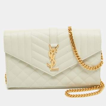 Pre Owned Saint Laurent Off White Mix Matelasse Leather Medium Envelope Chain Bag