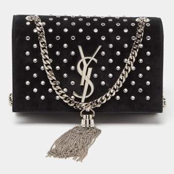 Pre Owned Saint Laurent Black Suede Small Monogram Kate Tassel Shoulder Bag