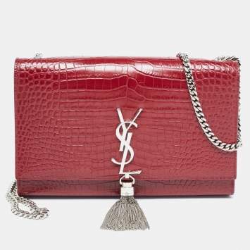 Pre Owned Saint Laurent Red Croc Embossed Leather Medium Kate Tassel Bag