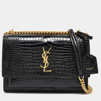 Pre Owned Saint Laurent Black Croc Embossed Leather Medium Sunset Shoulder Bag