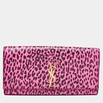 Pre Owned Saint Laurent Neon Pink Leopard Print Leather Monogram Cassandre Clutch