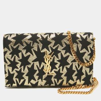 Pre Owned Saint Laurent Gold/Black Star Print Canvas and Canvas Monogram Wallet on Chain