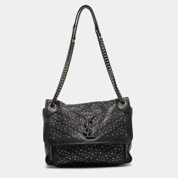 Pre Owned Saint Laurent Black Chevron Leather Studded Niki Shoulder Bag