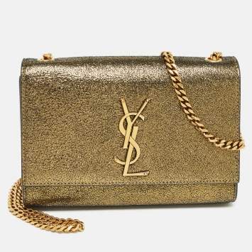 Saint Laurent Gold Crackled Leather New Small Kate Wallet on Chain