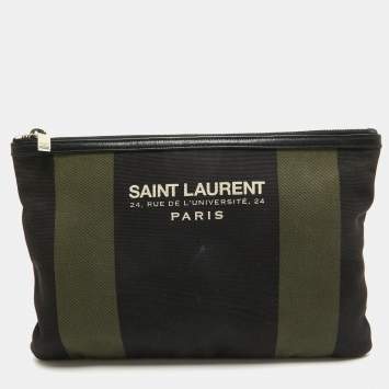 Pre Owned Saint Laurent Black/Green Stripe Canvas Zip Pouch
