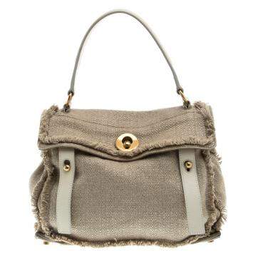 Pre Owned Yves Saint Laurent Beige/White Fabric Medium Muse Two Satchel