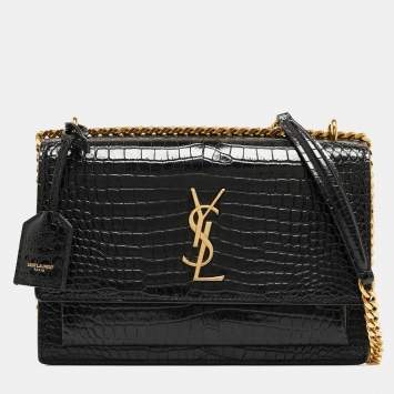 Pre Owned Saint Laurent Black Croc Embossed Leather Medium Sunset Bag