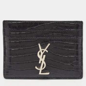 مملوكة مسبقًا Saint Laurent Black Croc Embossed Leather Monogram Card Holder 