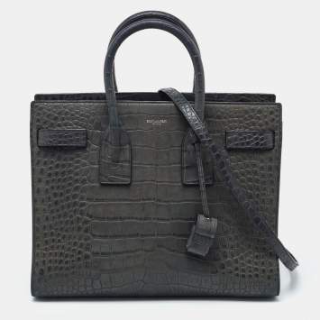 Pre Owned Saint Laurent Deep Green Croc Embossed Leather Small Sac De Jour Tote
