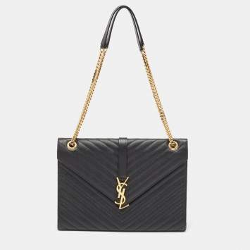 Pre Owned Saint Laurent Black Matelasse Leather Large Monogram Envelope Shoulder Bag