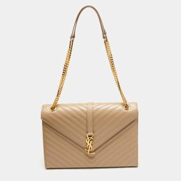 Pre Owned Saint Laurent Beige Matelasse Leather Large Monogram Envelope Shoulder Bag