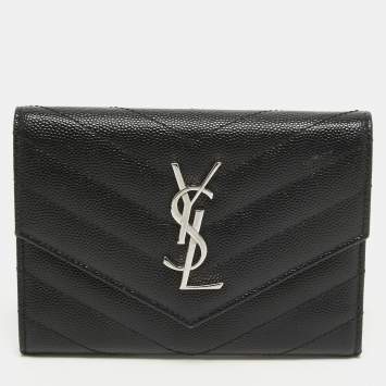 Pre Owned Saint Laurent Black Matelasse Leather Cassandre Trifold Wallet  