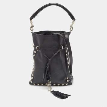 Pre Owned Saint Laurent Black Leather Monogram Flat Bucket Bag
