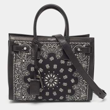 Pre Owned Saint Laurent Black/White Leather and Fabric Baby Bandana Sac De Jour Tote