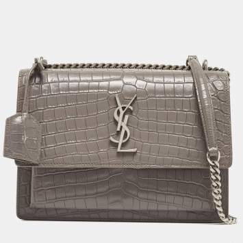 Pre Owned Saint Laurent Grey Croc Embossed Leather Medium Sunset Bag