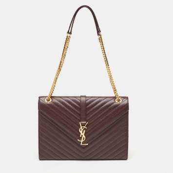 Pre Owned Saint Laurent Burgundy Matelassé  Leather Large Monogram Envelope Shoulder Bag
