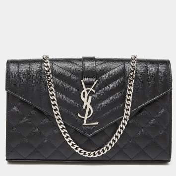 Pre Owned Saint Laurent Black Mix Matelassé Leather Monogram Envelope Wallet on Chain