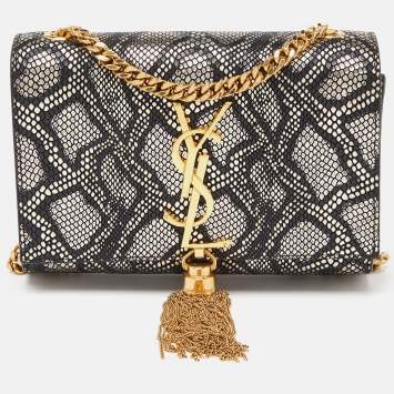 Pre Owned Saint Laurent Black/Gold Python Embossed Leather Small Kate Wallet on Chain