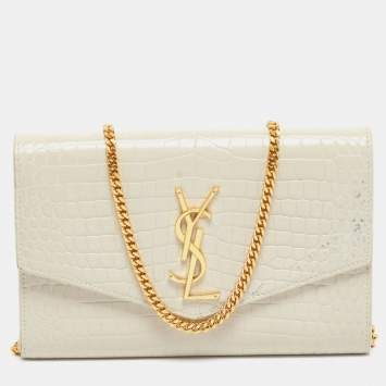 Pre Owned Saint Laurent Cream Croc Embossed Leather Uptown Wallet on Chain