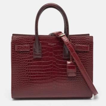 Pre Owned Saint Laurent Burgundy Croc Embossed Leather Baby Classic Sac De Jour Tote