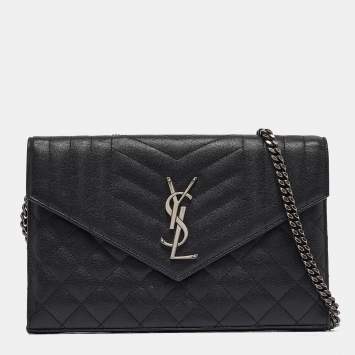 Pre Owned Saint Laurent Black Mix Matelassé Leather Monogram Envelope Wallet on Chain