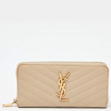 Pre Owned Saint Laurent Beige Leather Monogram Zip Around Wallet