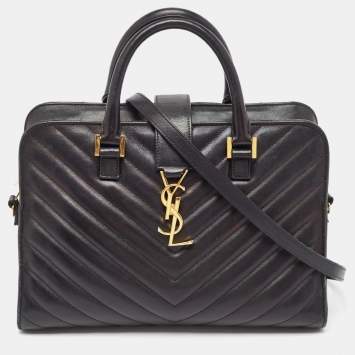 Pre Owned Saint Laurent Black Matelasse Leather Small Monogram Cabas Tote