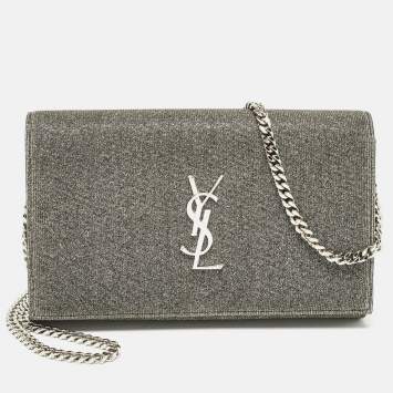 Pre Owned Saint Laurent Grey Lurex Fabric Kate Chain Clutch