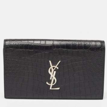 Pre Owned Saint Laurent Black Croc Embossed Leather Monogram Kate Clutch