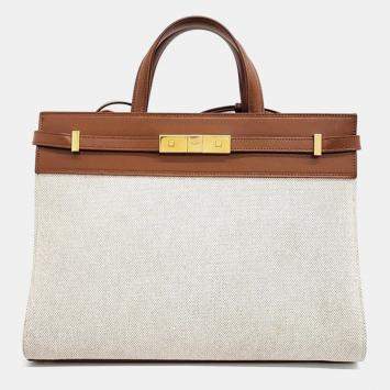 Pre Owned Saint Laurent Paris Beige/Ivory Canvas and Leather Small Manhattan Tote Bag