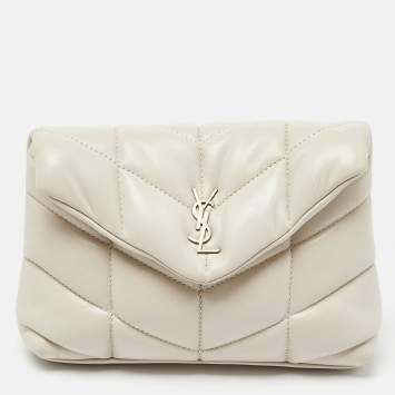 Pre Owned Saint Laurent Off White Leather Loulou Monogram Puffer Pouch