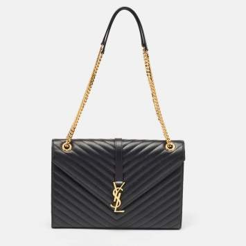 Pre Owned Saint Laurent Black Matelassé Leather Large Monogram Envelope Shoulder Bag