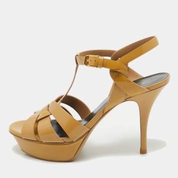 Pre Owned Saint Laurent Beige Patent Leather Tribute Sandals Size 38