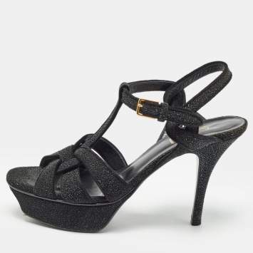 Pre Owned Saint Laurent Black Glitter Suede Tribute Sandals Size 36.5