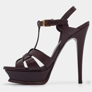 مملوكة مسبقًا Saint Laurent Burgundy Leather Tribute  Sandals Size 36.5