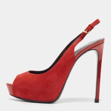 Pre Owned Saint Laurent Red Suede Peep Toe Slingback Pumps Size 37   