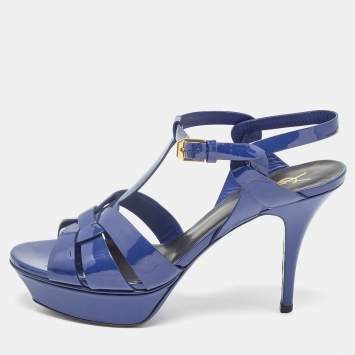 Pre Owned Saint Laurent Paris Navy Blue Patent Leather Tribute Sandals Size 40