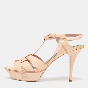 Pre Owned Saint Laurent Peach Pink Patent Leather Tribute Sandals Size 40