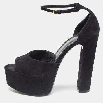 Pre Owned Saint Laurent Black Suede Platform Ankle Strap Sandals Size 36.5